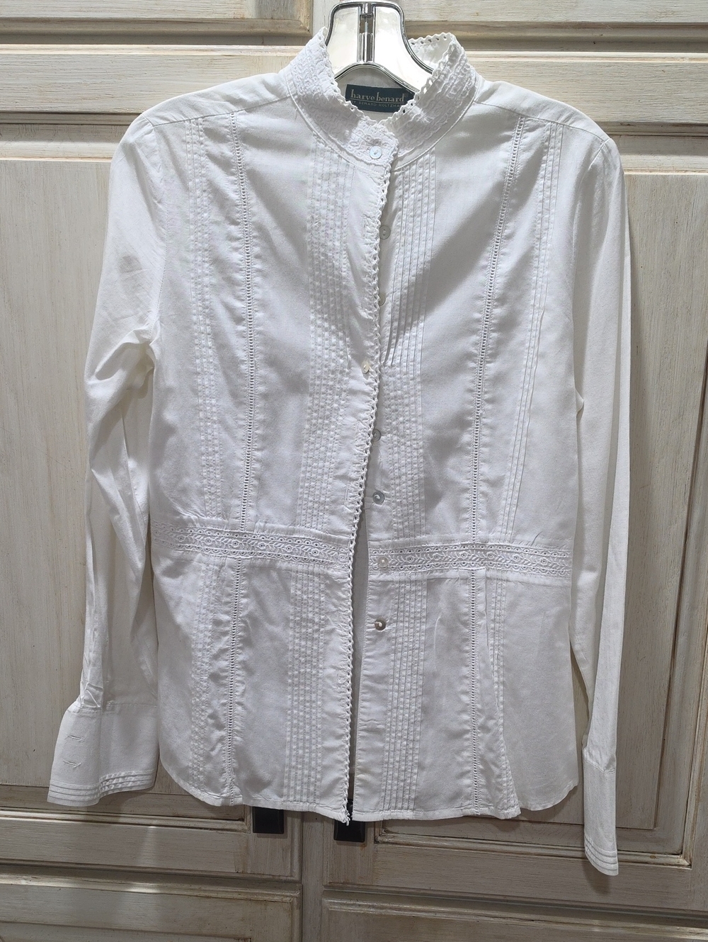Harve Benard White Pintuck Lace-Trim Button Down Shirt Blouse